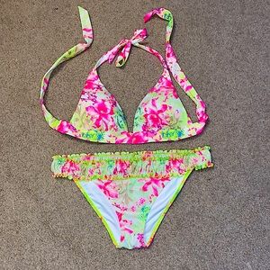 WOMENS VICTORIAS SECRET NEON FLORAL BIKINI WITH PADDED TOP SIZE M